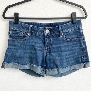 Express Women's Low Rise Dark Wash Rolled Hem Denim Shorts